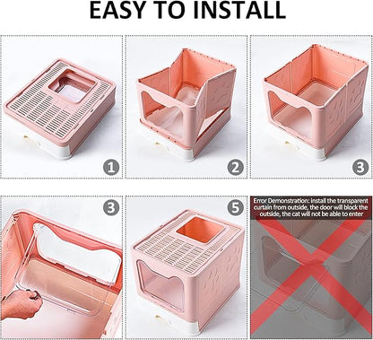 Panghuhu88 Foldable Litter Box With Lid, Large Top Entry Cat Toilet, Enclosed Potty Include Litter Scoop, Drawer Type Easy Clean Pan (Pink, 20" L x 16" W x 15" H)