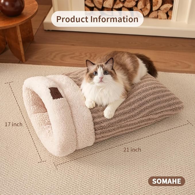 Cat Sleeping Bag for Indoor Cats, Self Warming Cat Bed Cave Fits up to 15 lbs Pets, Pet Sleeping Bed with Plush Portable Snuggle Sack/Hideway 17''×21''Coffee