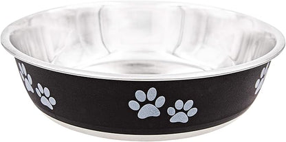 Food Bowl & Water Bowl for Dogs & Cats | Designer Series: Paw Print Detail, Stainless Steel & Black, 28 oz (FPP-Black M)