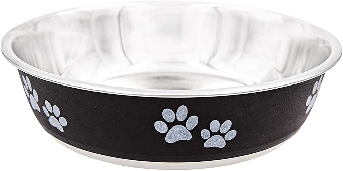 Fuzzy Puppy Food & Water Bowl for Dogs & Cats | Designer Series: Paw Print Detail, Stainless Steel & Black, 52 oz (FPP-Black L)