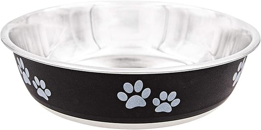 Fuzzy Puppy Food & Water Bowl for Dogs & Cats | Designer Series: Paw Print Detail, Stainless Steel & Black, 52 oz (FPP-Black L)