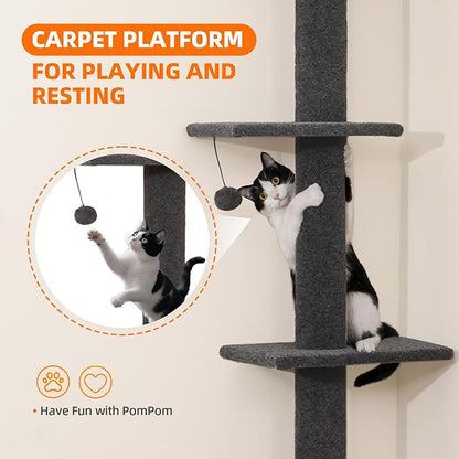 Cat Craft Cat Tree Floor to Ceiling 95-108" Tall Cat Tree Carpet Cat Tower Kitten Tree Sisal Scratching Post and Mat Cat Pole for Indoor Cats, Ash