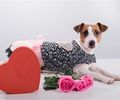 Valentines Day Dog Costume Dress M, Black Floral Top with Pink Tulle Skirt and Bow, Glitter Heart Pet Outfit for 8-9 lbs Dogs and Cats, Romantic Holiday Clothing