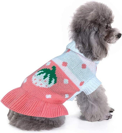 CHBORCHICEN Pet Dog Sweaters Classic Knitwear Turtleneck Winter Warm Puppy Clothing Cute Strawberry and Heart Doggie Sweater (XS, Dress-Pink)