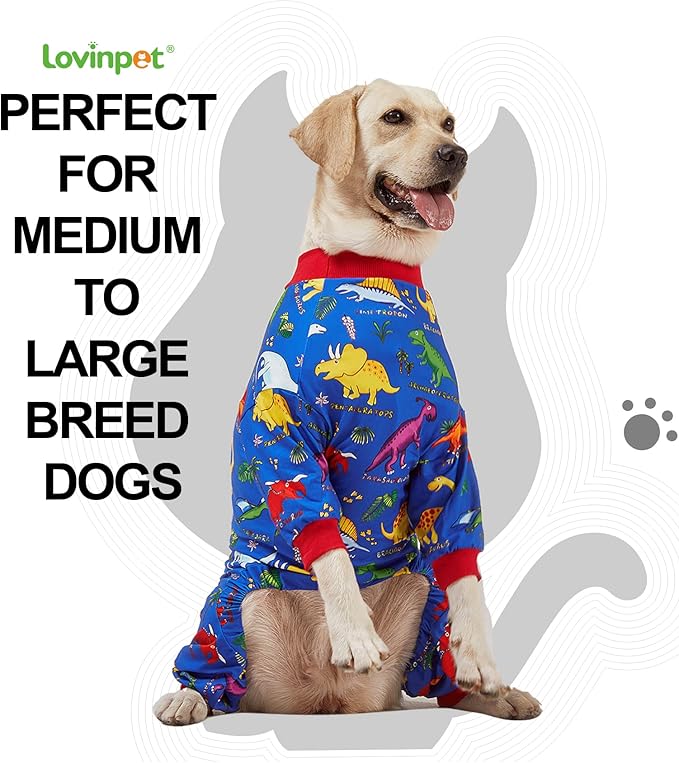 LovinPet Pitbull Large Dog Clothes, Wound Care/Post Surgery Dog Clothes, Lost World Dinosaurs Print, UV Protection, Pet Anxiety Relief, Large Dog Onesies, Pet PJ's/L