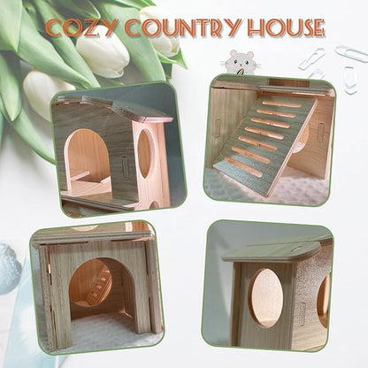 Wood Hamster House, Fun Tiny Hamsters Hideout, Detachable Double-Decker Hut for Dwarf Gerbil Mouse Mice Rat Small Animals(Only for Small Hamster)