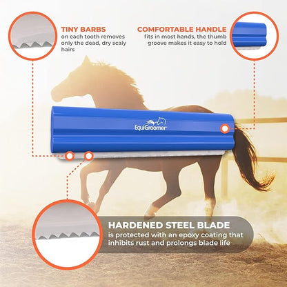 EquiGroomer Deshedding Brush, 8-Inch for Horses and Large Pets, Blue, Removes Loose Dirt, Hair, and Fur, Professional Undercoat Grooming Tool