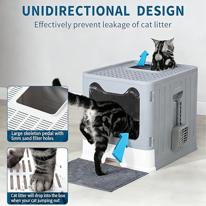 Cat Litter Box with Scoop, Large Foldable Litter Box with Lid & Drawer Tray, Top Entry Cat Litter Box, Odor Control, Easy to Clean for Small to Medium Cats (Light Gray, 19" L x 15.3" W x 15" H)