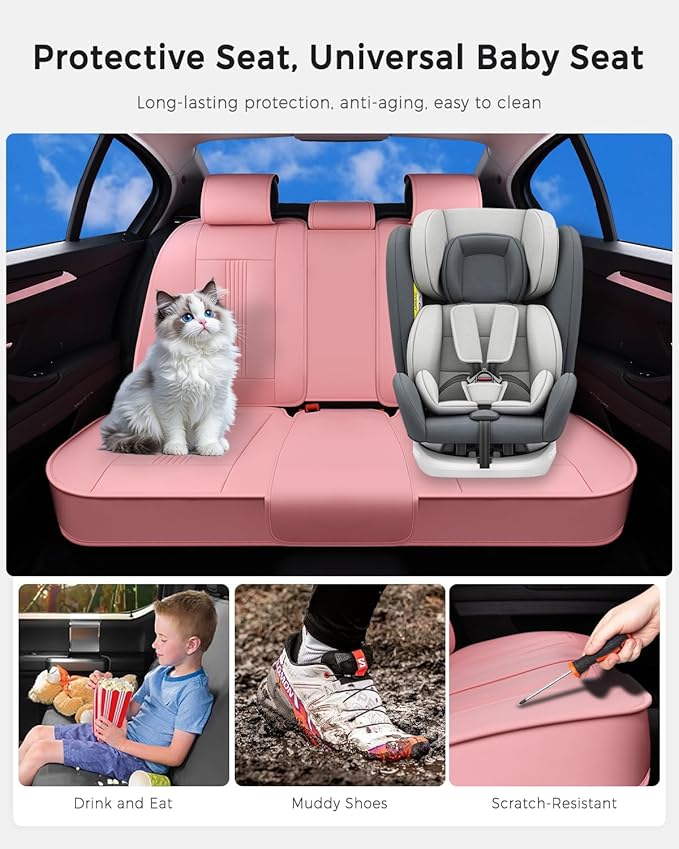 Huidasource Pink Rear Seat Covers, Nappa Leather Back Seat Covers with Ventilation Holes, Velcro Adjustable, Compatible with Armrests, Seat belts, Child Safety Seats, fit for Most Cars SUV Truck, Pink