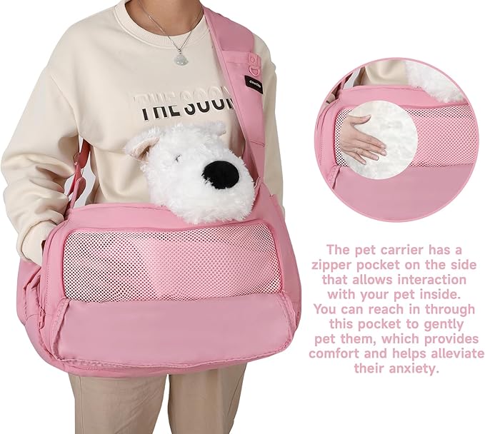Pet Sling Carrier for Small to Medium Dogs and Cats, Fits 10–20lbs, Adjustable Soft Padded Shoulder Strap Dog Sling Carrier with Storage Pocket for Hands-Free Outdoor Travel & Hiking Pink