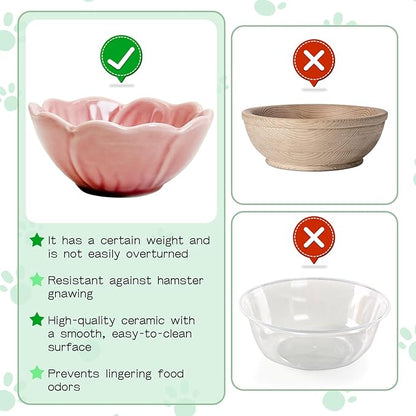 BNOSDM 2 Pcs Hamster Ceramic Food Bowl Flower Series Gerbil Drinking Bowls Anti-Turning Food & Water Dish for Dwarf Syrian Hamsters Gerbil Chinchilla（Pink, Narcissus Pattern）