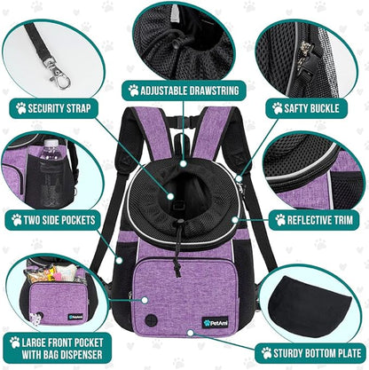 PetAmi Adjustable Cat & Dog Chest Carrier Backpack, Ventilated for Hiking & Camping, Max 15 lbs, Purple