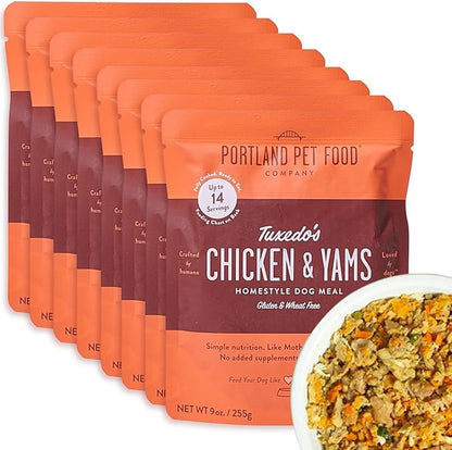 Portland Pet Food Company Fresh Dog Food Pouches - Human-Grade Toppers Wet Pet Meal & Mixers - Gluten-Free Limited Ingredient Tuxedo’s Chicken & Yams - Large & Small Breed Puppy & Senior Dogs - 8 Pack
