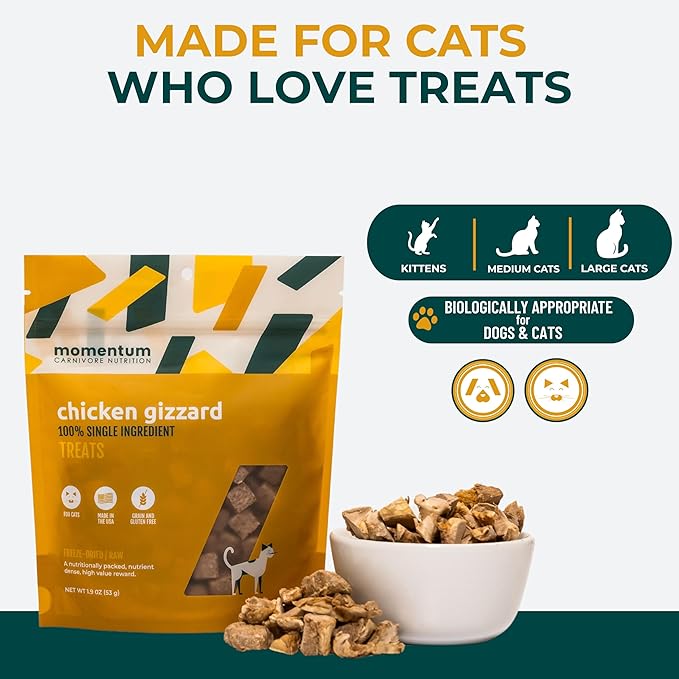 Momentum Carnivore Nutrition Freeze-Dried Chicken Gizzard Cat Treats – Single-Ingredient, High-Protein, All-Natural, Grain-Free, Naturally Flavorful – Made in USA – 1.9 oz Bag