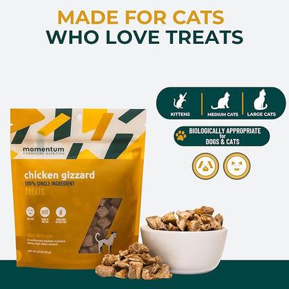 Momentum Carnivore Nutrition Freeze-Dried Chicken Gizzard Cat Treats – Single-Ingredient, High-Protein, All-Natural, Grain-Free, Naturally Flavorful – Made in USA – 1.9 oz Bag