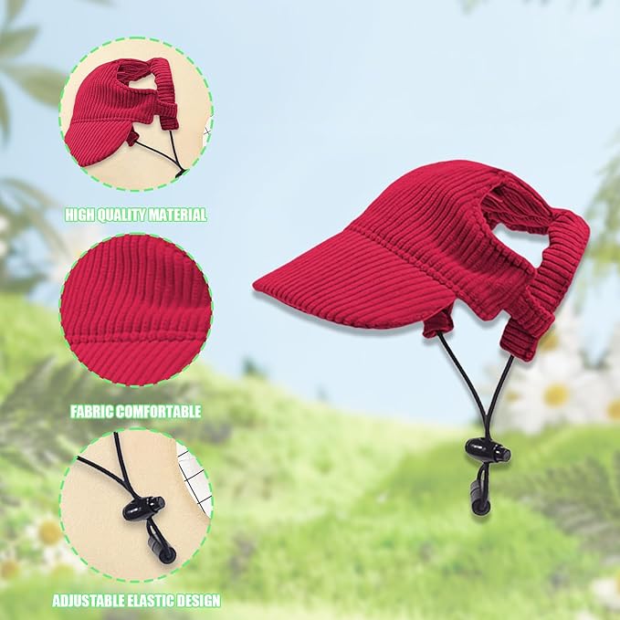 Dog Baseball Cap, Dog Cat Summer Beach Visor Hat with Ear Holes, Adjustable Puppy Sunbonnet Headdress (Red, Small)