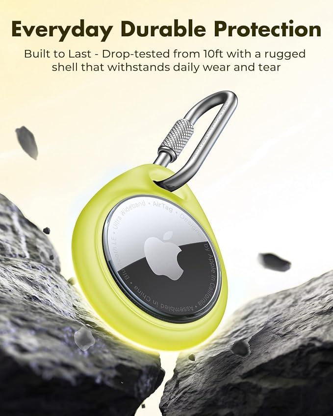 UNBREAKcable for AirTag Holder Case with Professional Carabiner, 4 Pack | Waterproof, Shockproof, Hold Securely, Easy to Install, Protective AirTag Keychain for Keys, Pets, Luggage-4 Trans Colors