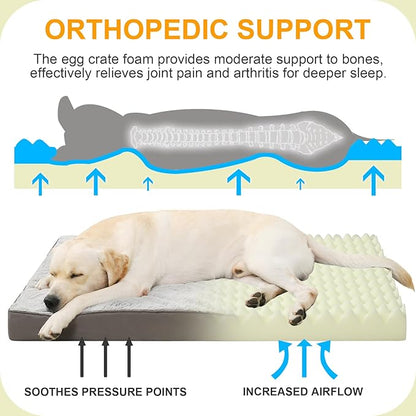 KSIIA Orthopedic Dog Bed - Waterproof, Large Size, Plush, Washable, Egg Crate Foam, Removable Cover, Non-Slip Bottom, 44 x 32 Inch, Gray