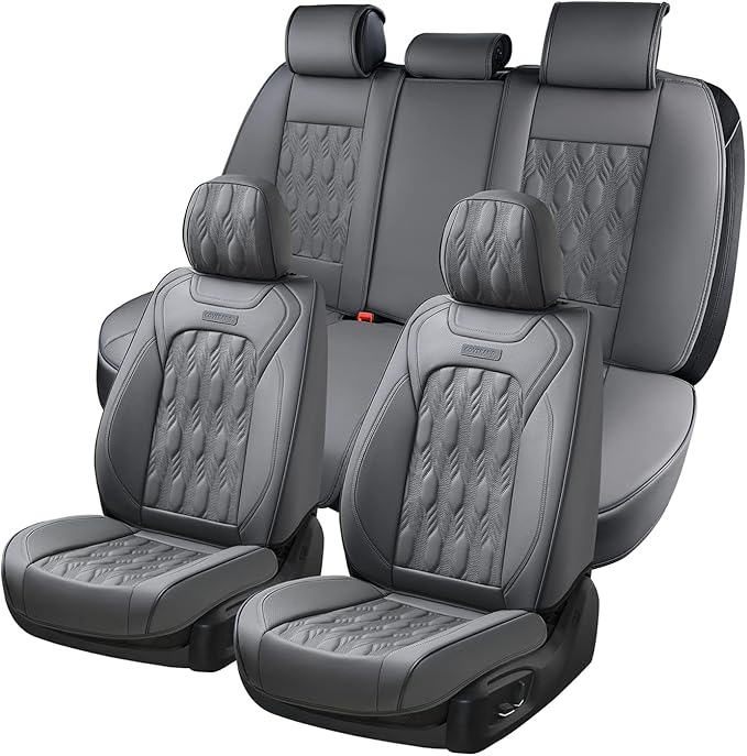 Coverado Car Seat Cover Full Set, Waterproof Front and Back Seat Covers for Cars, 5-Pack Leather Seat Covers, Car Seat Protectors, Driver Seat Cushions Fit for Most Vehicles Gray