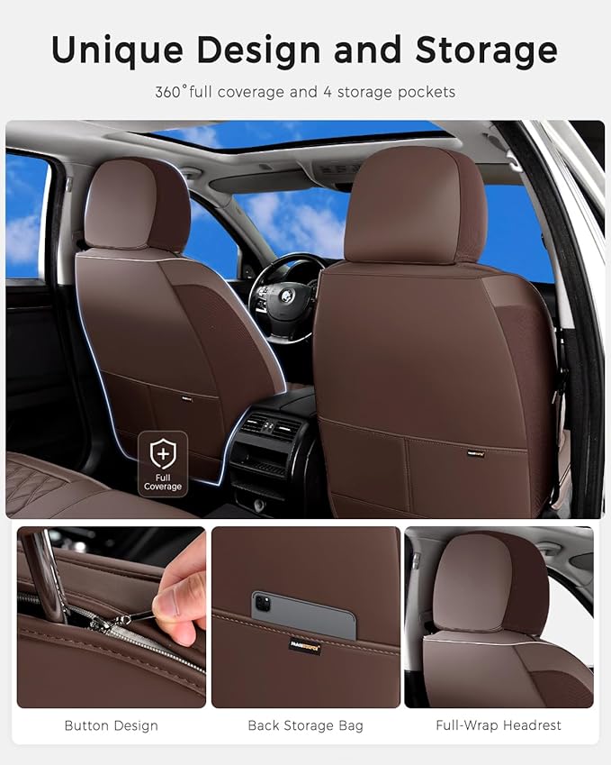 Huidasource Coffee Front Seat Cover, Nappa Leather Front Car Seat Cover, Side Elastic Fabric, Compatible with Airbags, Seat Belts, Universal Fit for Most Cars, Vans, Trucks, SUV (Front Pair/Coffee)