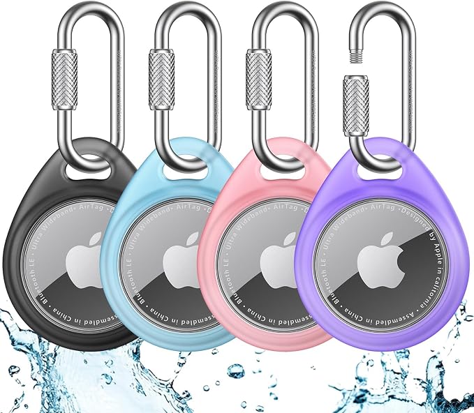 UNBREAKcable for AirTag Holder Case with Professional Carabiner, 4 Pack | Waterproof, Shockproof, Hold Securely, Easy to Install, Protective AirTag Keychain for Pets, Keys, Luggage-4 Trans Colors