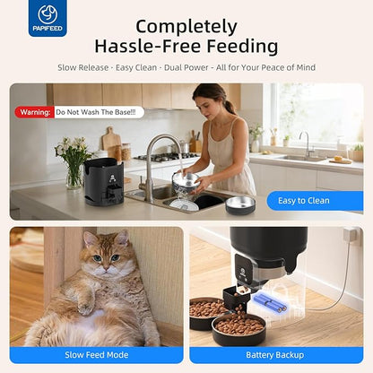 PAPIFEED Automatic Cat Feeder 2 Cats, 2.4G WiFi Cat Food Dispenser with App Control, 7L Slow Feed Timed Cat Feeders for Dry Food, 10 Meals/Day, 12 Portions/Meal, Dual Power Supply, Black