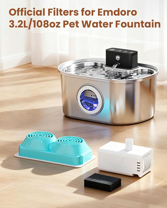Official 12-Pack Replacement Filters and Sponges for Emdoro 3.2L/108oz Cordless Cat Fountain (6 Months Set)