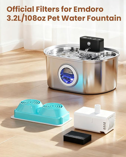 Official 12-Pack Replacement Filters and Sponges for Emdoro 3.2L/108oz Cordless Cat Fountain (6 Months Set)