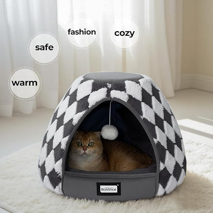 BALANCE Cat Beds for Indoor Cats, 2-in-1 Cat Bed Cave with Anti-Slip Bottom and Ultra-Soft Plush, Cozy Cats House Tent for Kittens and Small Dogs, 21 Inches, Dark Grey