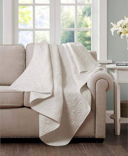 Madison Park Throw Blanket - Reversible Damask Quilting Design, Soft Pre-washed Microfiber, Cotton Filled Spread, Cozy Summer Blanket - Throw for Living Room Couch, Sofa, Bed, Quebec, 60x70", Ivory