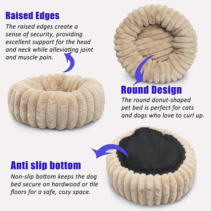 Small Pet Bed for Indoor Cats and Puppy - Washable Donut Extra Small Dog Beds for Small Dogs with Anti Slip Bottom, Fluffy Calming Round Bed for Puppy & Kitten Cozy Sleep, Beige, XS -19 Inch
