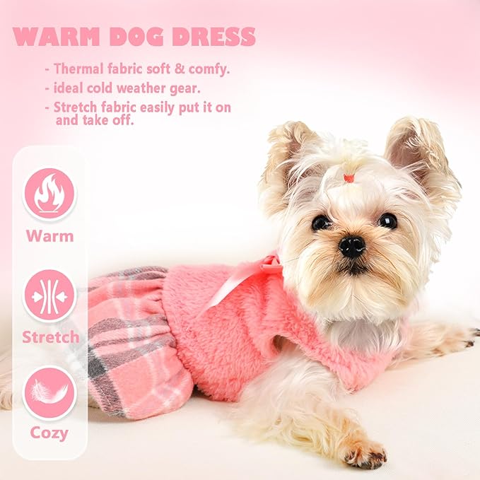 Dog Dress Female Sweater for Small Dogs Girl Winter Flannel Warm Pet Puppy Cat Princess Plaid Dresses Clothes (X-Small, Pink)