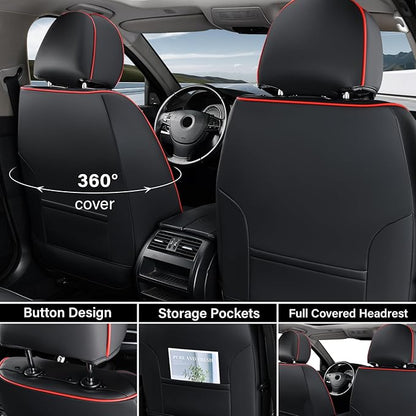 Coverado Car Seat Covers Full Set, Black Redline Seat Covers for Cars, Waterproof Nappa Leather Automotive Seat Covers with Lumbar Head Pillow, Car Seat Protectors, Universal Fit for Most Cars SUV