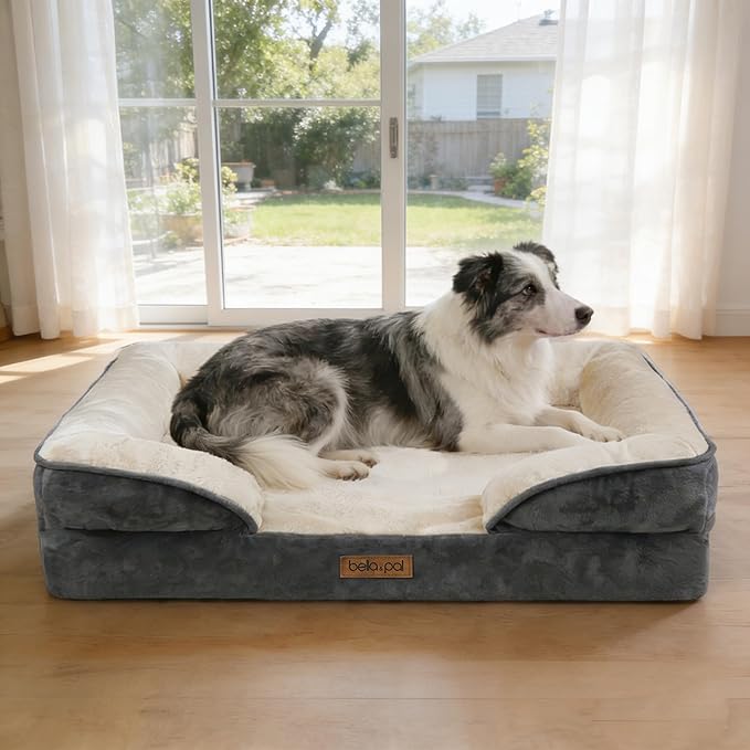 BELLA & PAL Orthopedic Dog Sofa Bed for Medium/Large Dogs – No Assembly Needed, Egg-Crate Foam Dog Couch with Waterproof Liner, Washable Removable Cover, Non-Slip, 36x27x6.5Inch, Grey