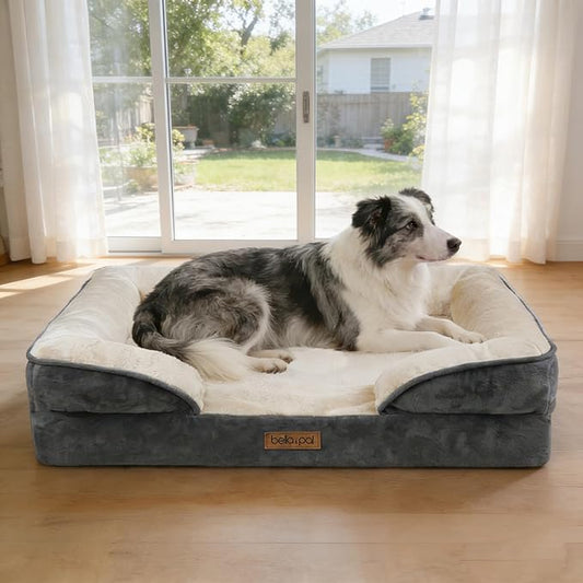 BELLA & PAL Orthopedic Dog Sofa Bed for Medium/Large Dogs – No Assembly Needed, Egg-Crate Foam Dog Couch with Waterproof Liner, Washable Removable Cover, Non-Slip, 36x27x6.5Inch, Grey