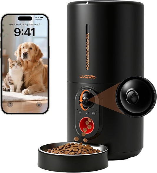 WOPET 6L Automatic Cat Feeder with Camera, 1080P HD, WiFi App Control, 4GB SD Card, Night Vision, 10 Meals/Day, Dual Power, Stainless Steel Bowl for Cats & Small Dogs