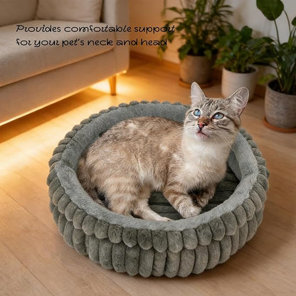 Cat Bed Kitten Bed,Round Dog Bed Cat Bed for Indoor, Soft Plush Fluffy Washable Round Sleeping Pet Bed for Puppy and Kitten with Anti-Slip Bottom (24×24 inch, Grey)