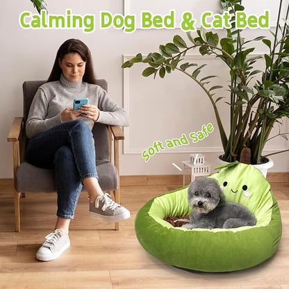 Avocado Calming Dog Bed & Cat Bed for Small Dogs, Cute Pet Bed Round Cat Bed Washable Plush Bed