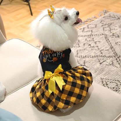 CuteBone Happy Thanksgiving Day Dog Fall Dress Costume Velvet for Small Dogs Girl Puppy Dresses Yellow Plaid Dog Clothes CVA03S-D