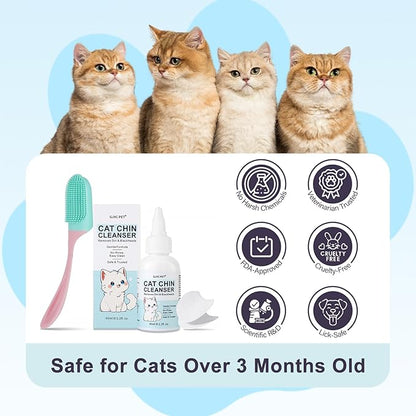 Cat Chin Cleanser Set | Feline Facial Solution for Acne & Blackheads with Brush and Pads - Purifies, Calms & Maintains Healthy Skin, 2.2 fl oz