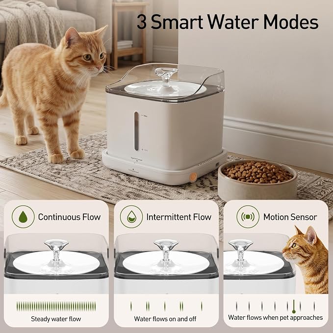 Cat Water Fountain, 2.2L Automatic Pet Water Fountain for Cats and Small Dogs, 2.4GHz WiFi App Control, Rechargeable Motion Sensor, 3 Water Modes, Detachable Tank, White