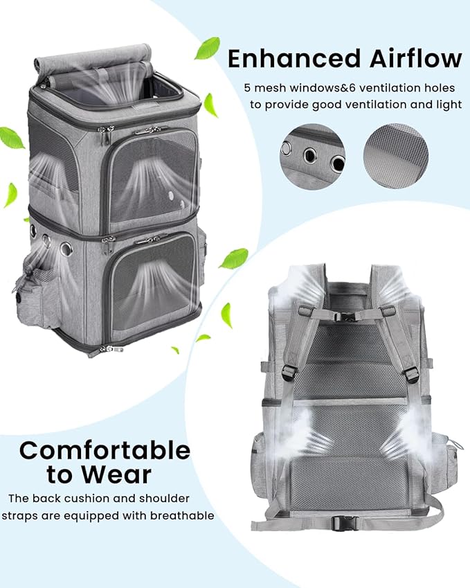 HOVONO Double-Compartment Pet Carrier Backpack for Small Cats and Dogs, Cat Travel Carrier for 2 Cats, Perfect for Traveling/Hiking/Camping, Grey