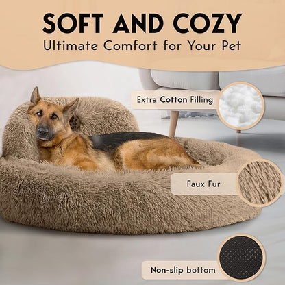 PetJett XL Dog Bed for Large Sized Dog - 45'' Extra Large Dog Bed, Anti-Slip & Washable Super Soft Round Donut Bed, Fluffy Faux Fur Anti-Anxiety Premium Comfort Pet Bed, Fits Dogs up to 120 lbs