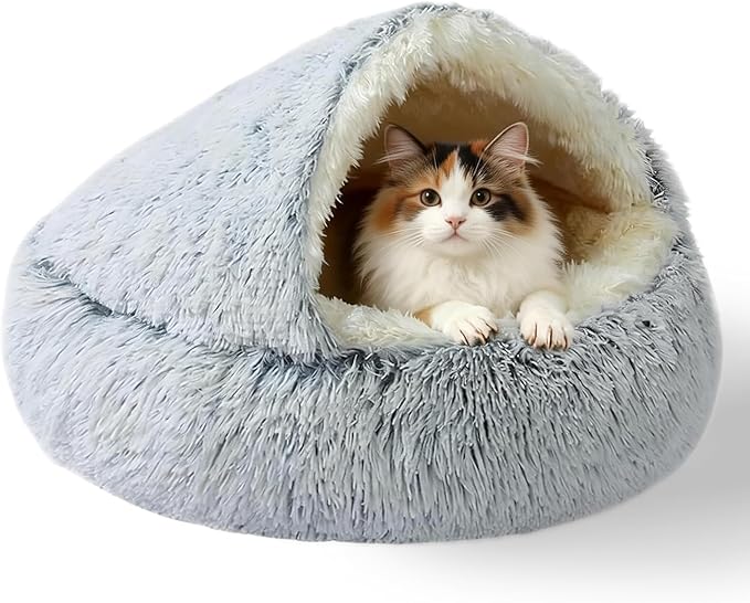 Cat Beds for Indoor Cats - Self Warming and Calming Small Dog Bed with Cover Cave, Cat Cave Bed for Puppy and Kitty,Cozy Fluffy Pet Beds for Small Dogs, Waterproof Bottom Washable 26×26inch