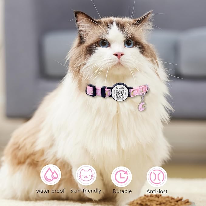 Reflective Moon & Star Cat Collar Breakaway with QR Code Smart ID tag & Bells, 2 Pack Girl Boy Pet Cat Collar Adjustable 7.5-12.5 Inch,boy & Girl Cats .No app(Pink)