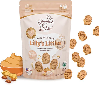 Rondi's Kitchen Lilly's Littles Organic Tender Dog Treats - Natural Doggie Cookie for Small Dogs, Puppy, Senior, Training - Human Grade Superfood Biscuit with Bone Broth - Chicken & Peanut Butter