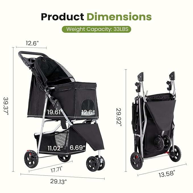 SMUG 3 Wheels Pet Stroller, Dog and Cat Strollers with Storage Basket and Cup Holder, Breathable Mesh, Lightweight Travel Carrier, Waterproof and Foldable for Small Pets Outdoor Walk, Black