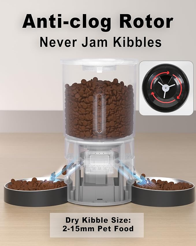 Miaosical Automatic Cat Feeder 2 Cats, 4.2L Dry Food Auto Dispenser with Double Bowls,Dual Power Supply,Programmable Portion Control,10s Voice Recorder(Black,Stainless Steel Bowls)