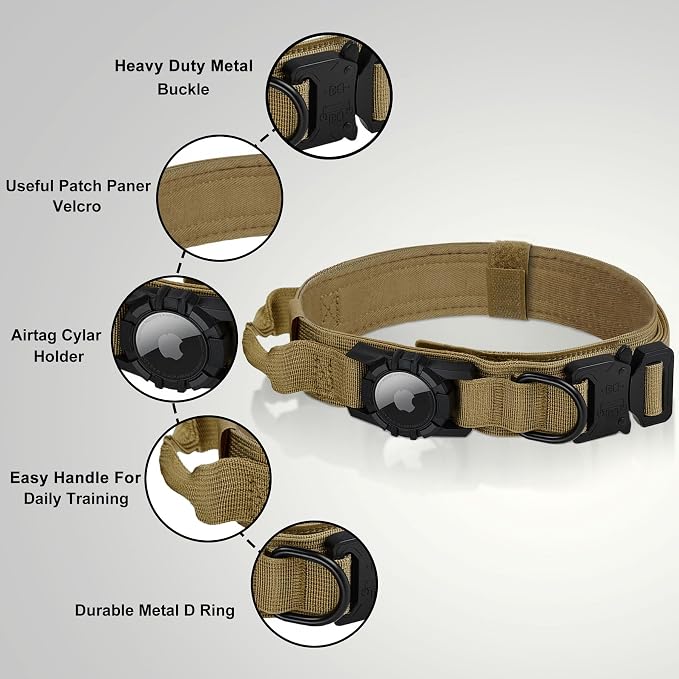 Tactical AirTag Dog Collar Leash Set - Heavy Duty, Adjustable GPS Collar | Compatible with Apple AirTag, with Holder & Control Handle for Medium/Large Dogs [ Brown, L ]