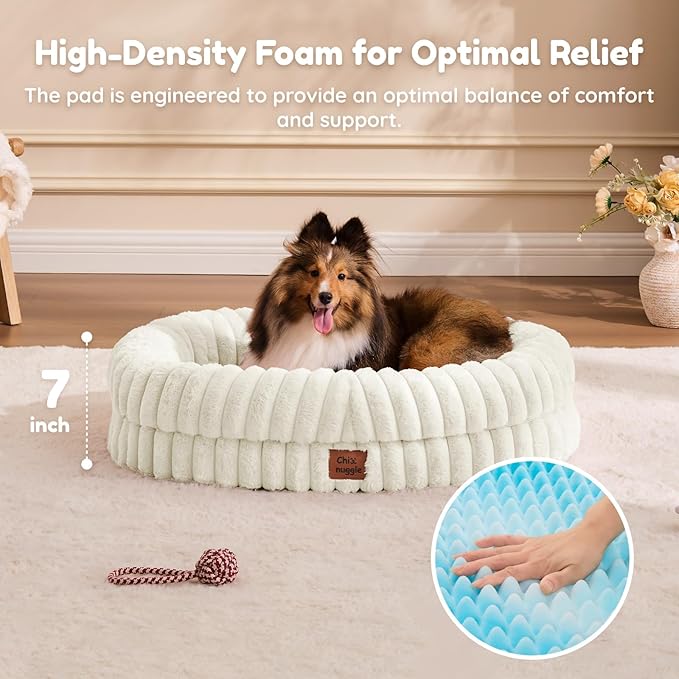 ChiXnuggle Cat Bed for Indoor Cats - Luxury Striped Faux Fur Waterproof Pet Couch with Removable Washable Cover, Orthopedic Pet Bed with Bolster Sides for Sleeping, Cream